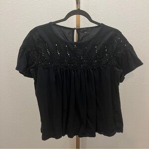 J. Crew Black Eyelet Top In Cotton Flutter sleeve SIZE Medium